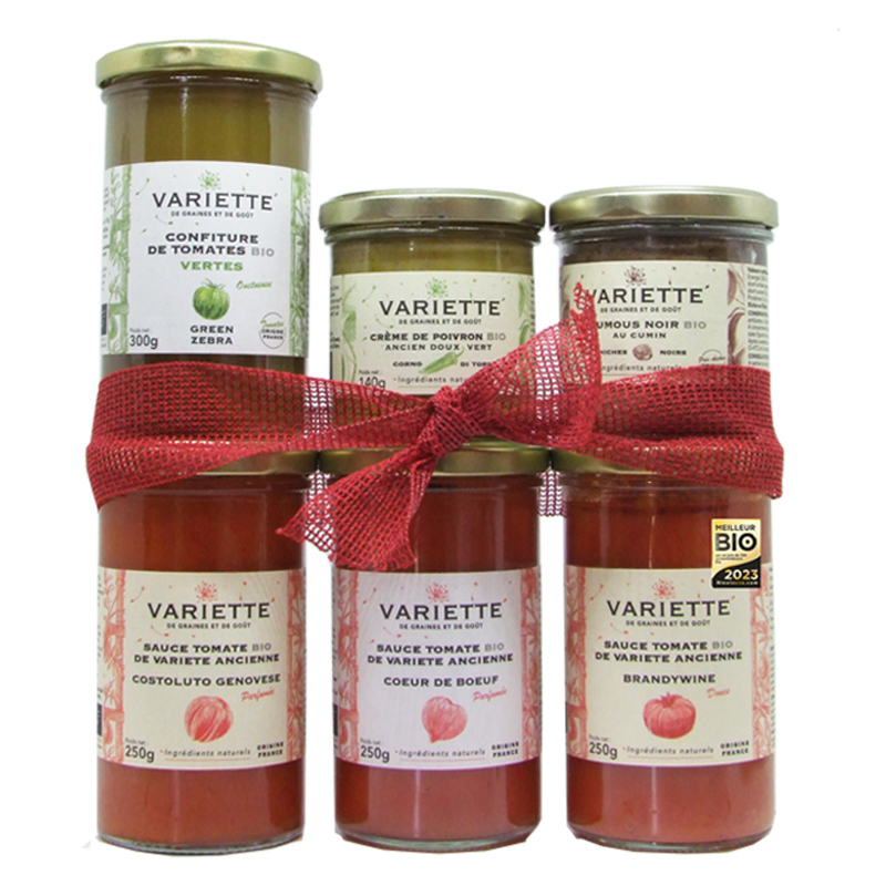 Coffret Cadeau 3 sauces tomates, 1 confiture, 1 crème de poivron et 1