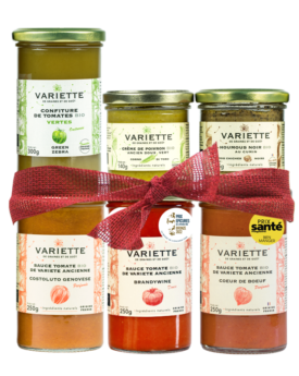 Coffret Cadeau : 3 sauces tomates, 1 confiture, 1 crème de poivron et 1 houmous noir dans un joli coffret enrubanné